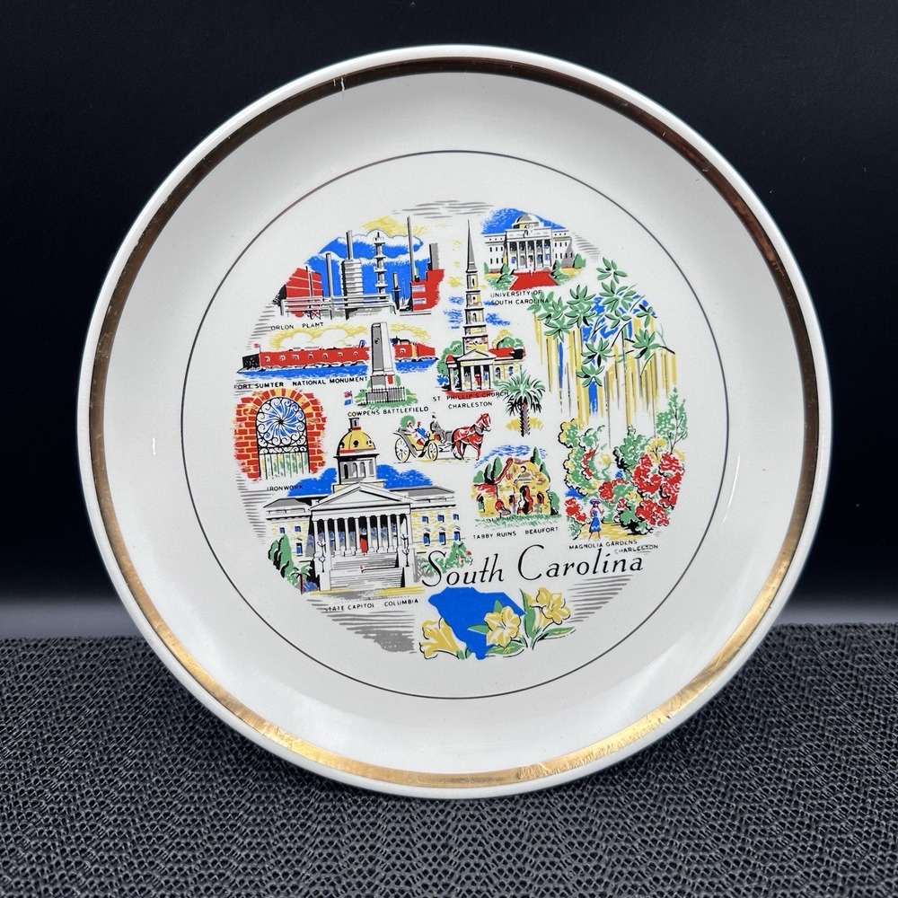 Vintage South Carolina Souvenir Collector Plate Gold Trim Landmarks Unmarked